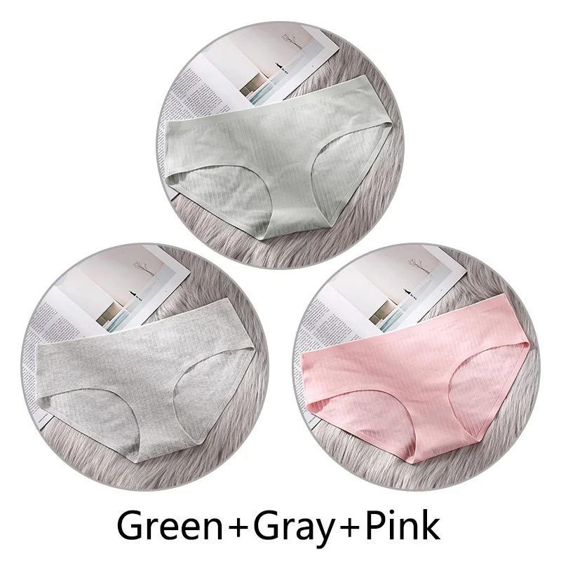 Green Gray Pink 3 шт. сверхтонкое, бесшовное нижнее белье из хлопка, Для женщин нижнее белье, мягкие трусики с большими чашечками для Размеры 4XL белье соты с заниженным шаговым швом ткань нижнее бельё - Цвет: Green Gray Pink