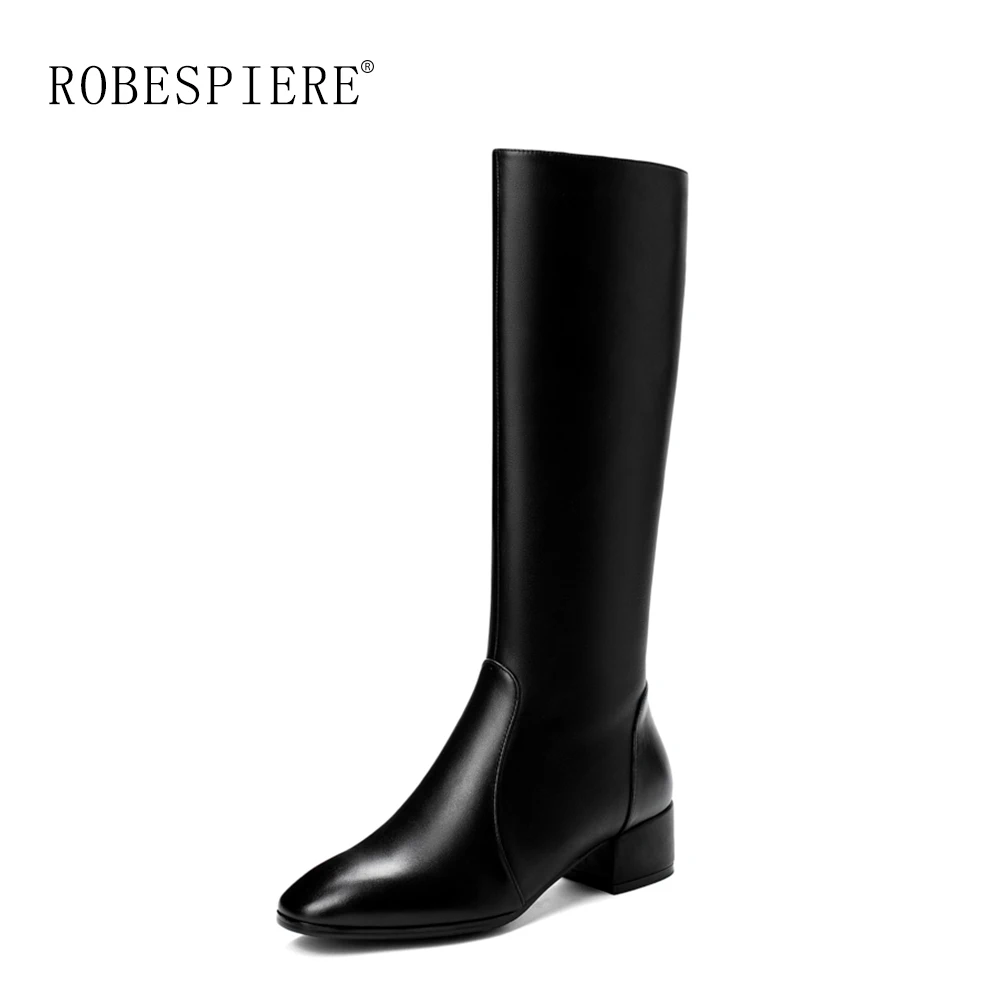 Женские сапоги до колена ROBESPIERE черные из натуральной кожи с круглым носком на