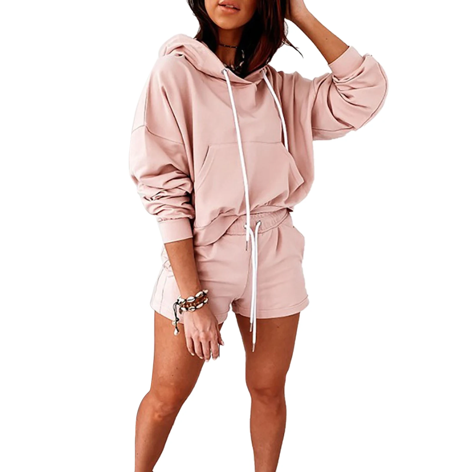 

2 Pcs Women Solid Color Tracksuits, Long Sleeve Front Pocket Drawstring Hoodie + Shorts