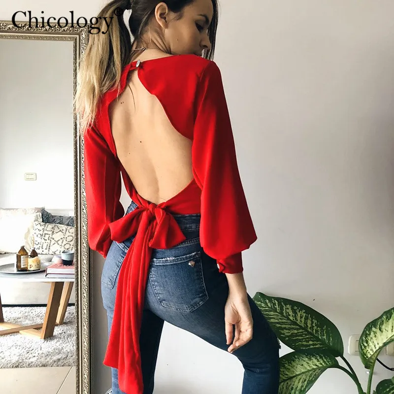 Chicology/блузка с длинными рукавами открытой спиной на шнуровке пуговицами для