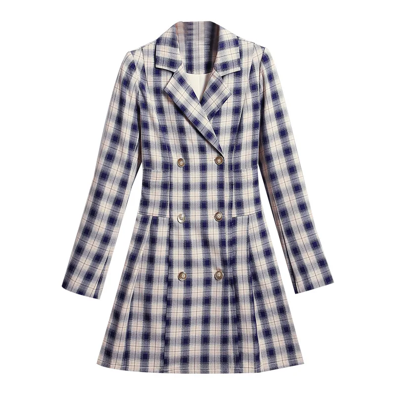 

2021 Spring New Women's Fashion Lapel Double Row Button Skirt French Plaid Long Sleeve Waist Dress