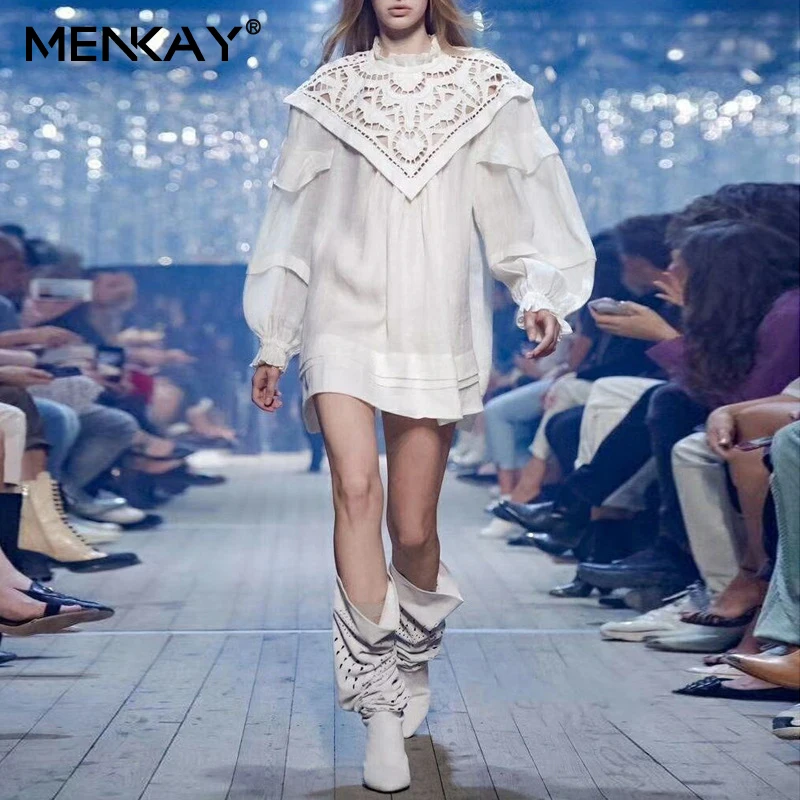 [MENKAY] винтажное платье с вырезом стойкой и длинным рукавом фонариком свободные