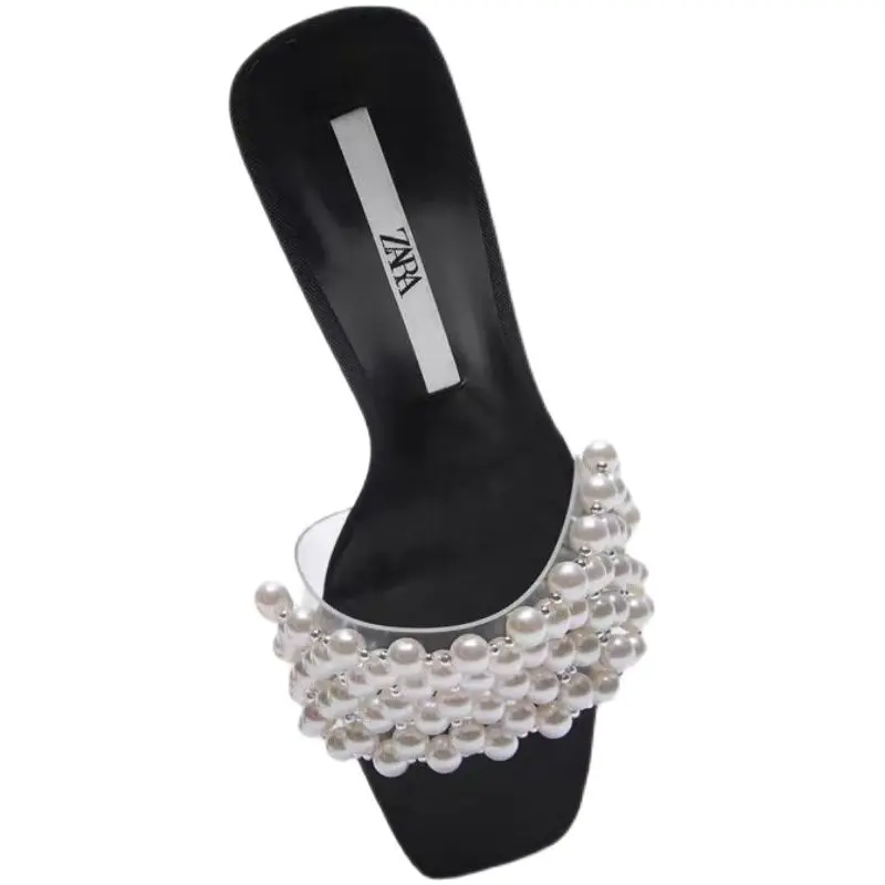 

ZAR 2021 Summer New Black Fashion Square Toe High Heels Beaded Sexy Outer Wear Stiletto Muller Sandals And Slippers Women Luxury