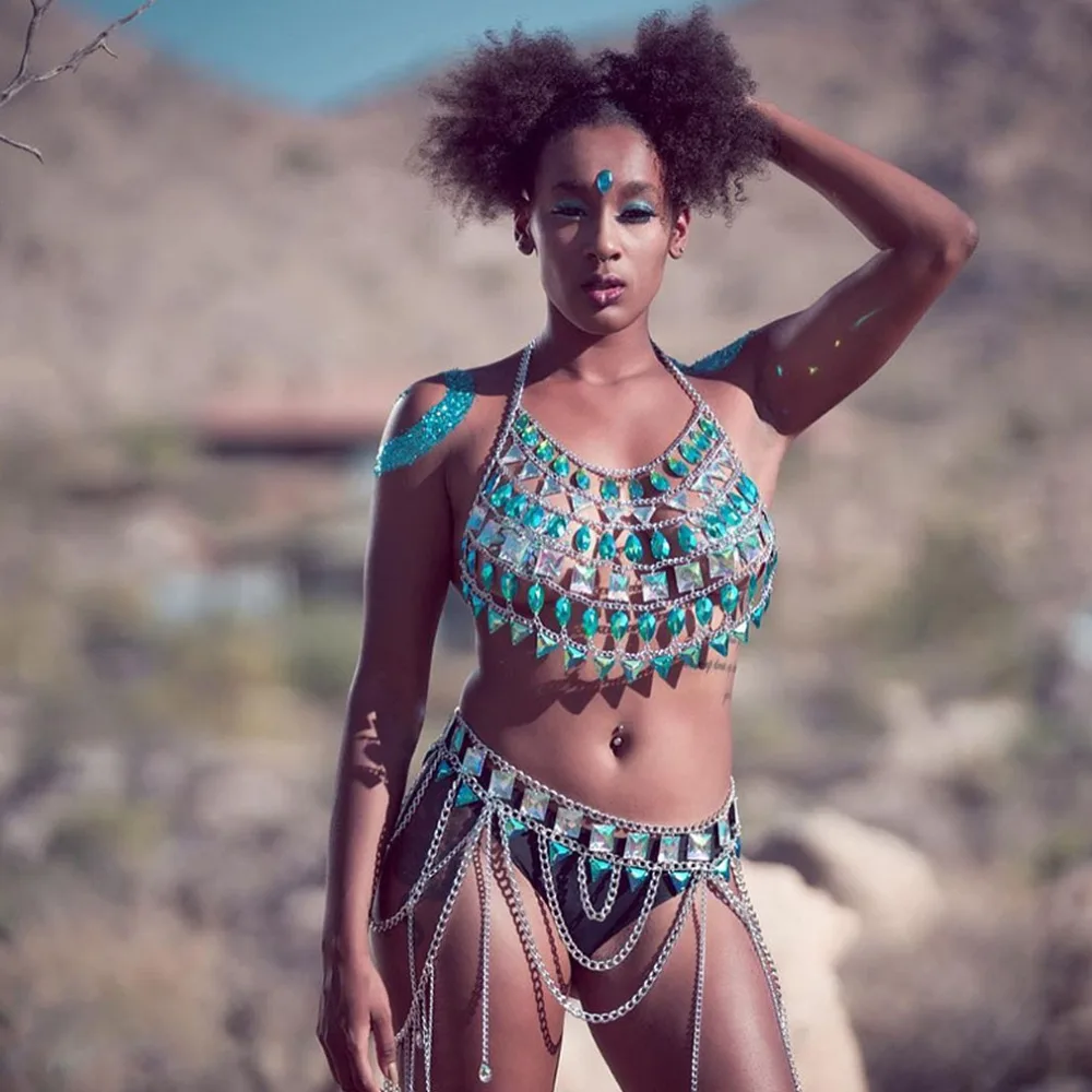 Boho 1 комплект, металлическая цепочка, бюстгальтер на бретельках для тела, кристалл, нагрудный ремень, украшение с зажимом, блестки, клетчатый Топ, плюс размер, женская одежда в стиле рейв на Хэллоуин