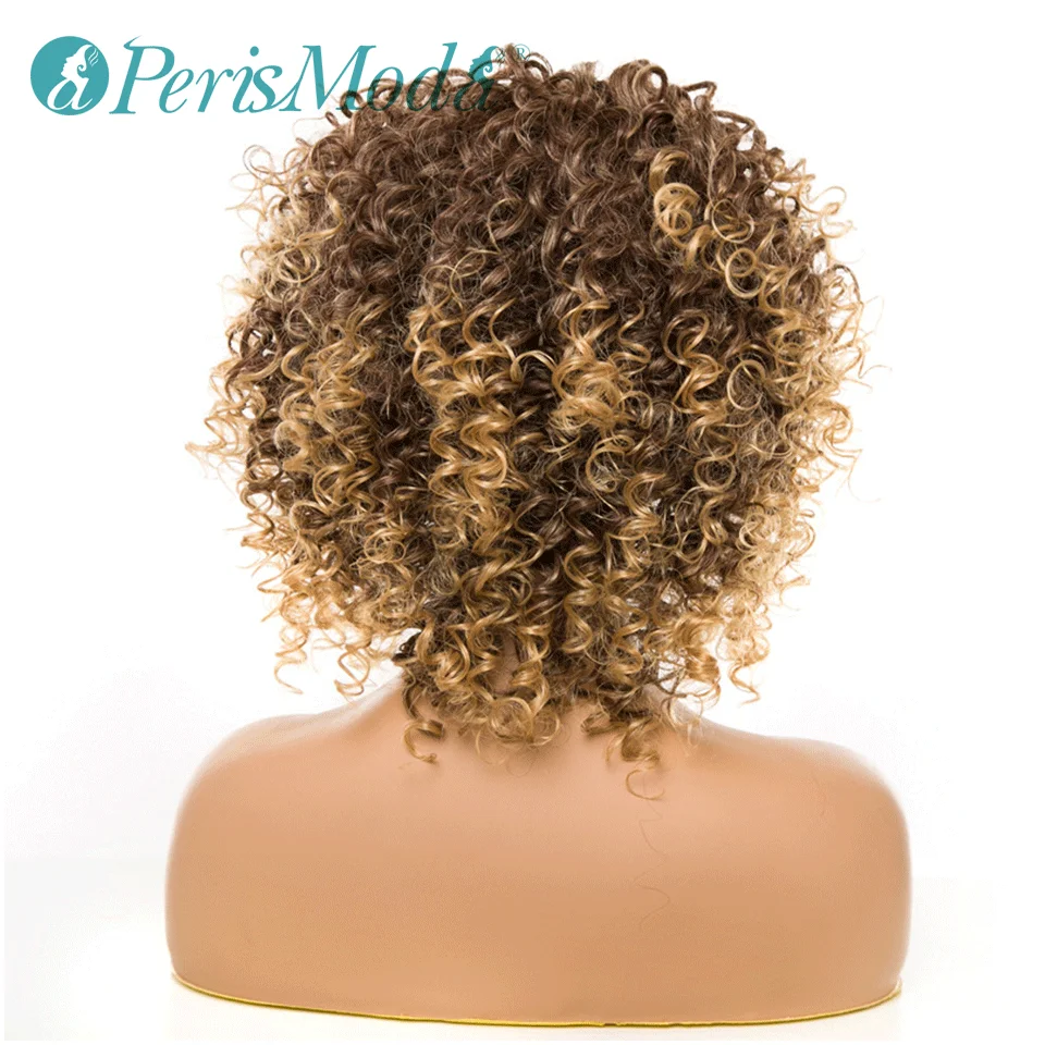 Short Synthetic Wigs with Bangs Kinky Curly Wig for Women PerisModa Mixed Brown and Grey Natural High Temperature Fiber Hair | Шиньоны и