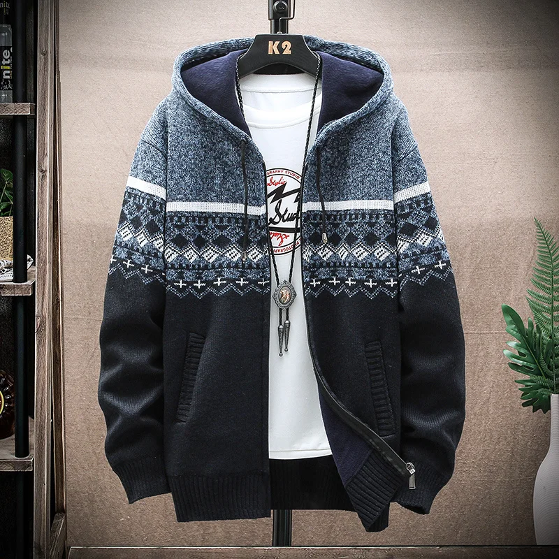 

Velvet Thick 2021 Cardigan Autumn Korean With Hooded Men's Sweaters Knitted Sweatercoats Patchwork Jacket Male M-3XL Clothes Men