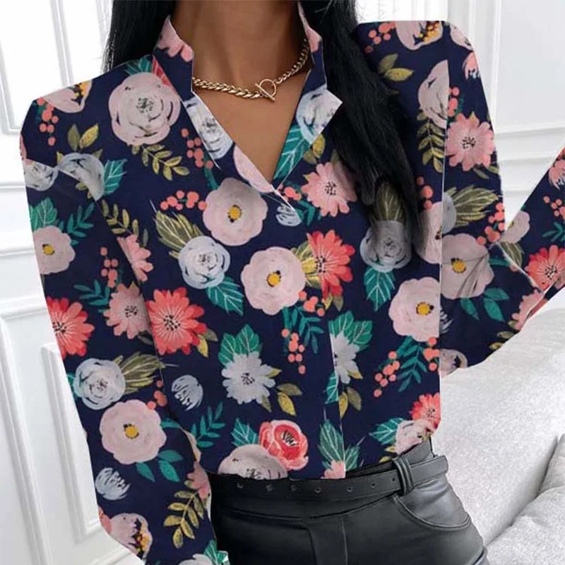 

2021 Autumn Office Lady Elegant Stand Collar Shirt Fashion Floral Striped Print Button Blouse Top Casual Long Sleeve Women Blusa