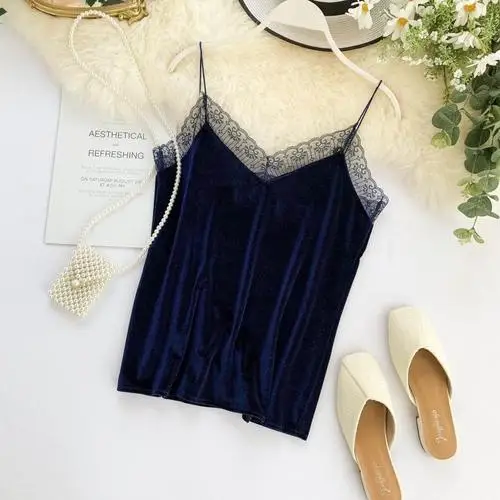 Dark Blue Новая Осенняя Женская кружевная Лоскутная бархатная майка с регулируемой талией высокого качества, женские сексуальные топы на бретельках, домашняя одежда, жилет одежда для сна - Цвет: Dark Blue