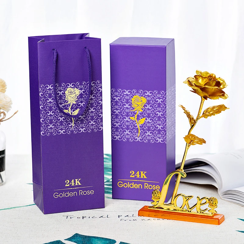 

24K Gold Foil Rose Flower Emulated Flower Valentine's Day Creative Gift Single Gold-plated Rose Flower Bouquet Box Home Decro