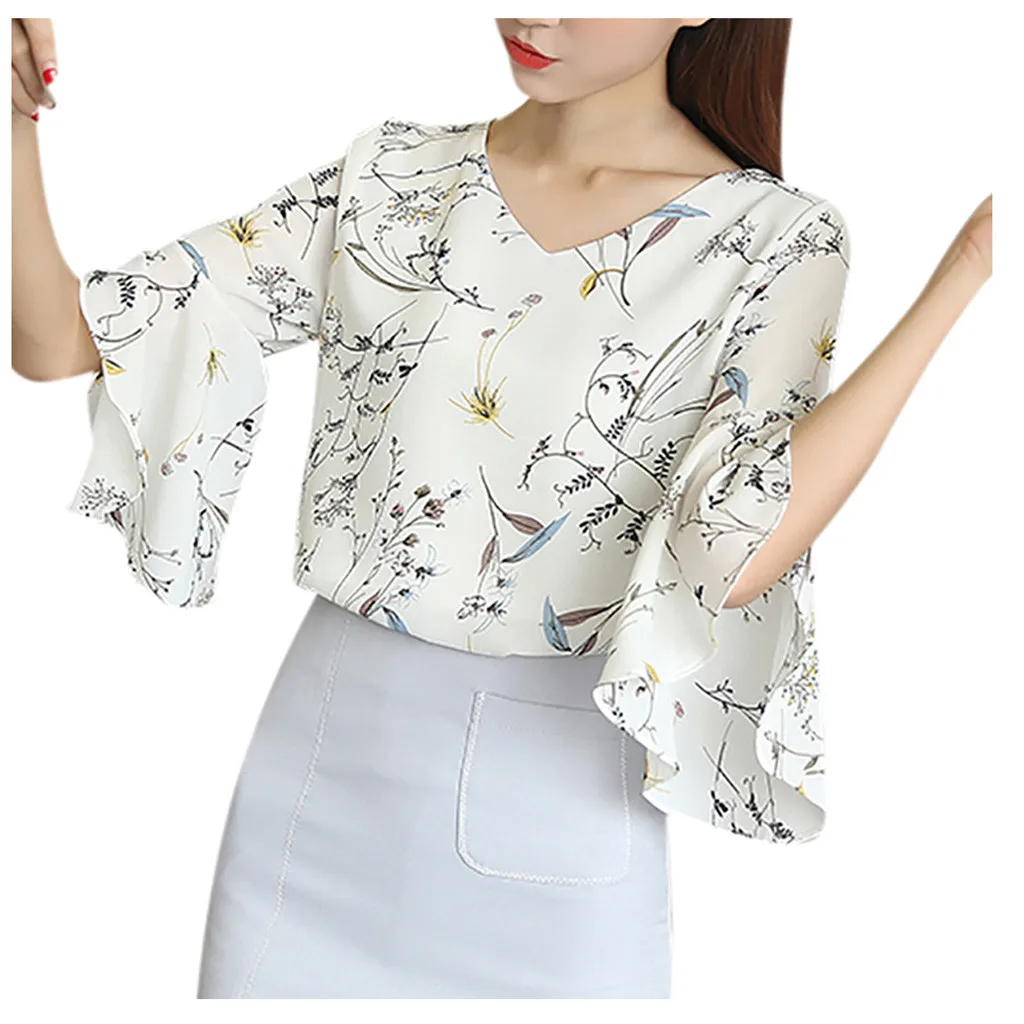 

Women's Blouses Plus Size Shirt Fashion Women Chiffon V-neck Short Flare Sleeve Ladies Printed Tops T-shirt Women's Clothing