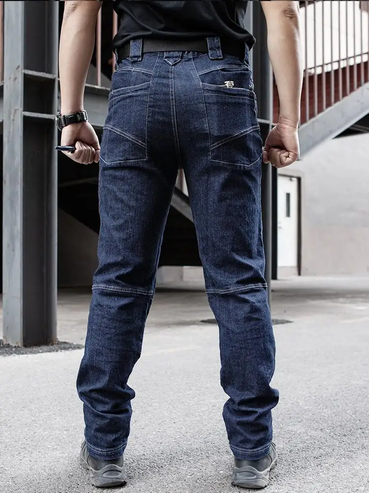 Spring Men Tactical Denim Pants Stretchy Jeans Trousers Comfortable  Multi Pockets Commuter Strengthen Knee Training Pants 2XL