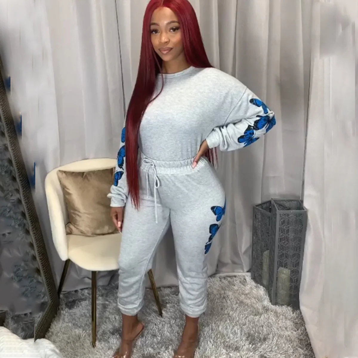 

Fall butterfly print sweatshirt+sweatpants sweat suits two piece set women tracksuit 2020 jogging suits for women matching sets