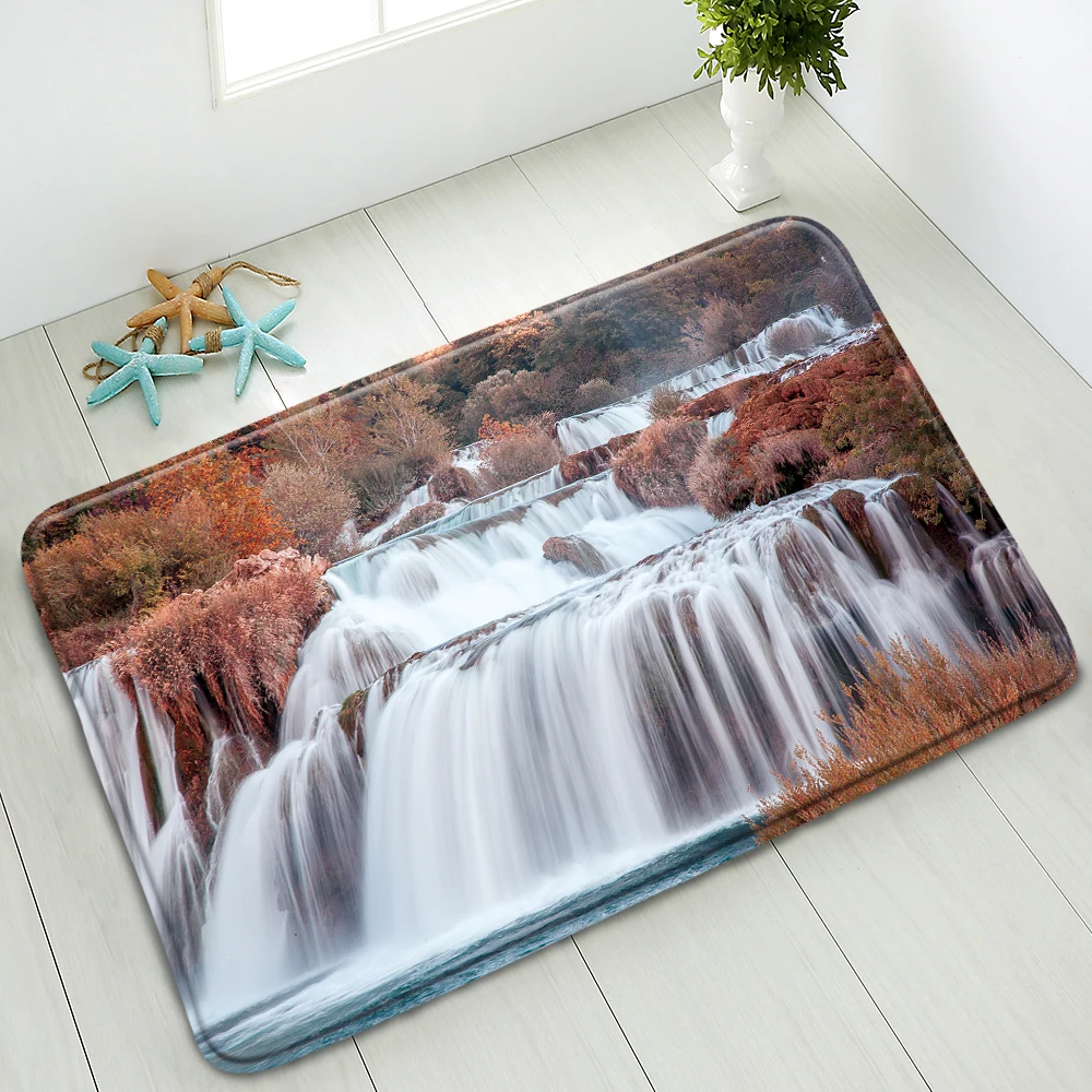 

Waterfall Non-Slip Bathroom Mat Natural Scenery Green Forest Plants Mountain Bedroom Kitchen Doormat Absorbent Carpet Washable