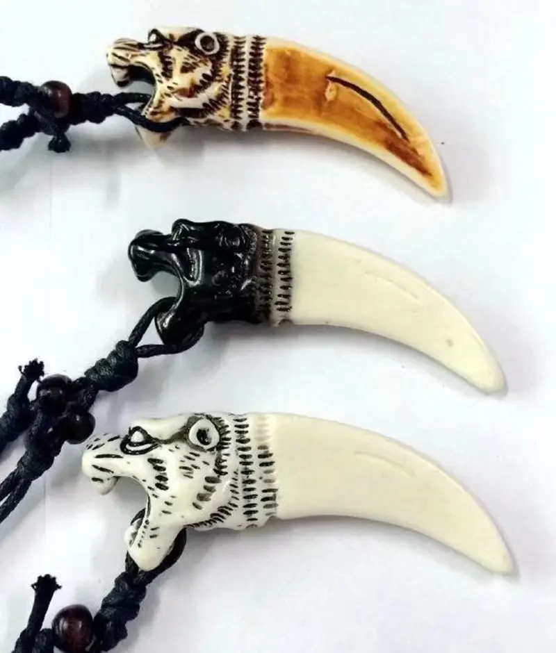 

12 PCS Faux Yak Bone Chief Pendant Carve Tribal Resin Tooth Charms Wax Cotton Cord Tiger Totem Necklace