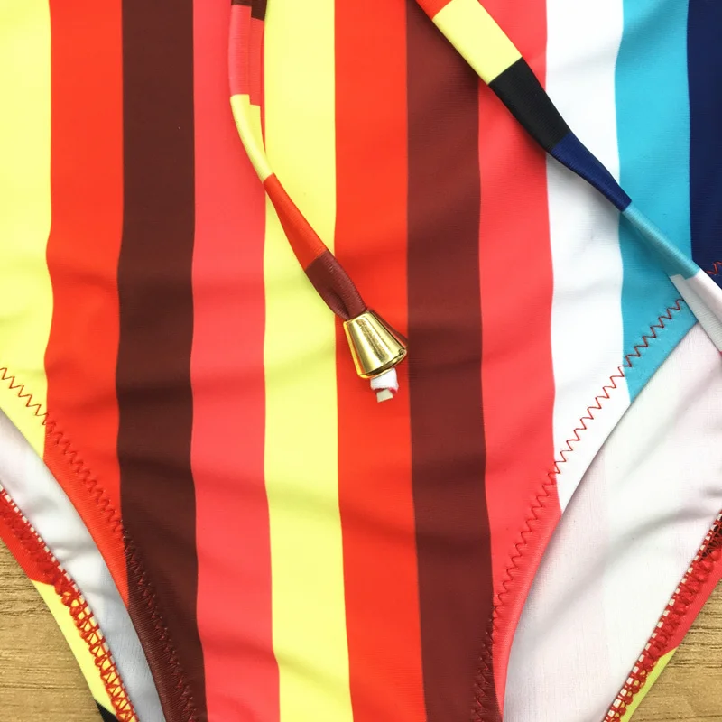 

Women Rainbow Striped Push Up Padded One Piece Swimwear Swimsuit Lady Sexy V Neck Front Tie Up Beachwear Beach Bathing Suit