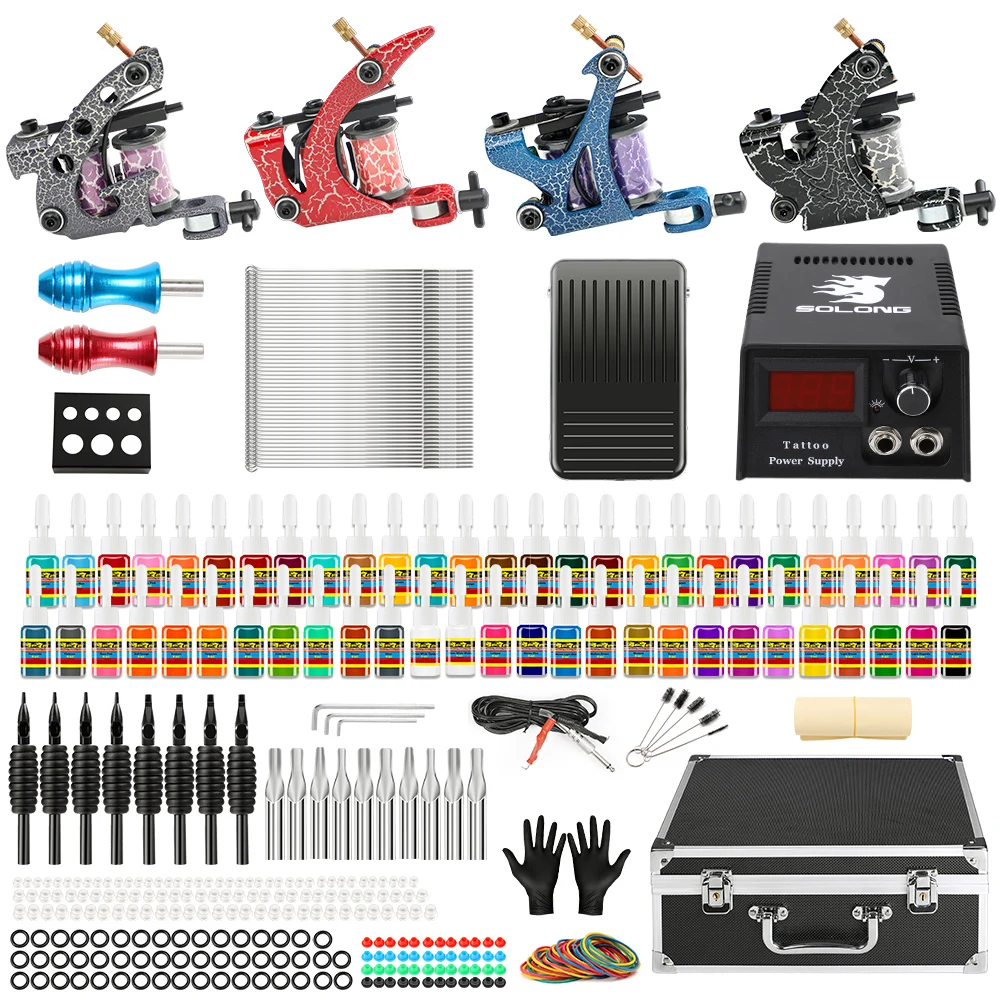 

Stigma Professional Complete Tattoo Kit 4 Pro Machine Guns 54 Inks Power Supply Foot Pedal Needles Grips Tips Carry Case TK456