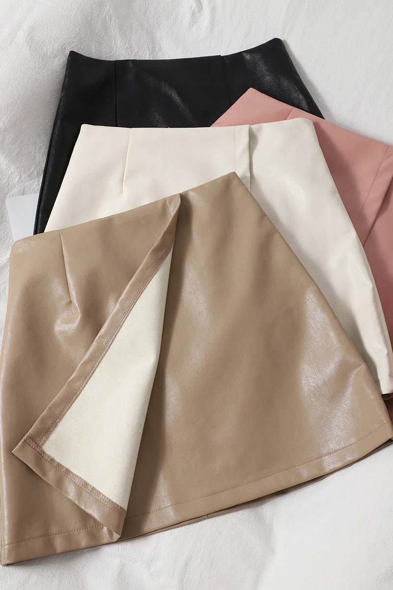 

Women Sexy Pu Leather Skirt Warp Punk Mini Length A-line Spring Autumn Goth Skirts Sexy & Club Faux Leather