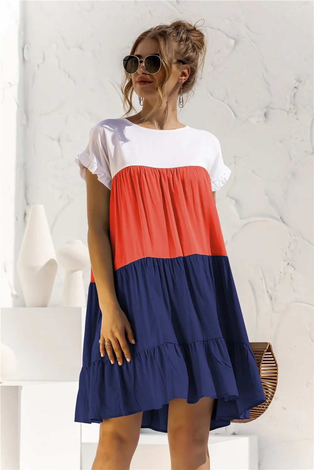 

Summer Women's Mini Dress O-neck Loose Short Sleeve Stitching 3 Colors Bohemian Dress Fashion 2021 Holiday Casual Dress Vestido