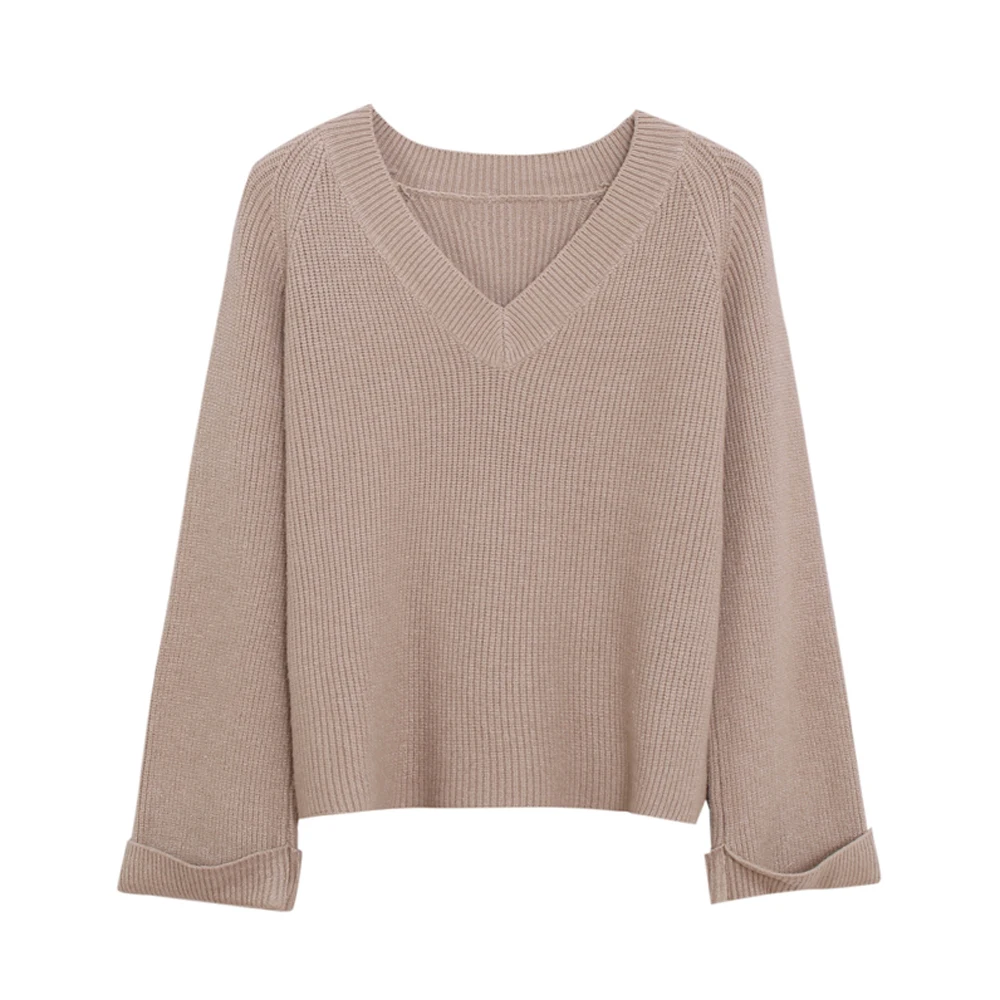 

Autumn Winter Womens Crop Sweaters V Neck Minimalist Tops Female Long Sleeve Knitting Casual Solid Pullovers Knitwear