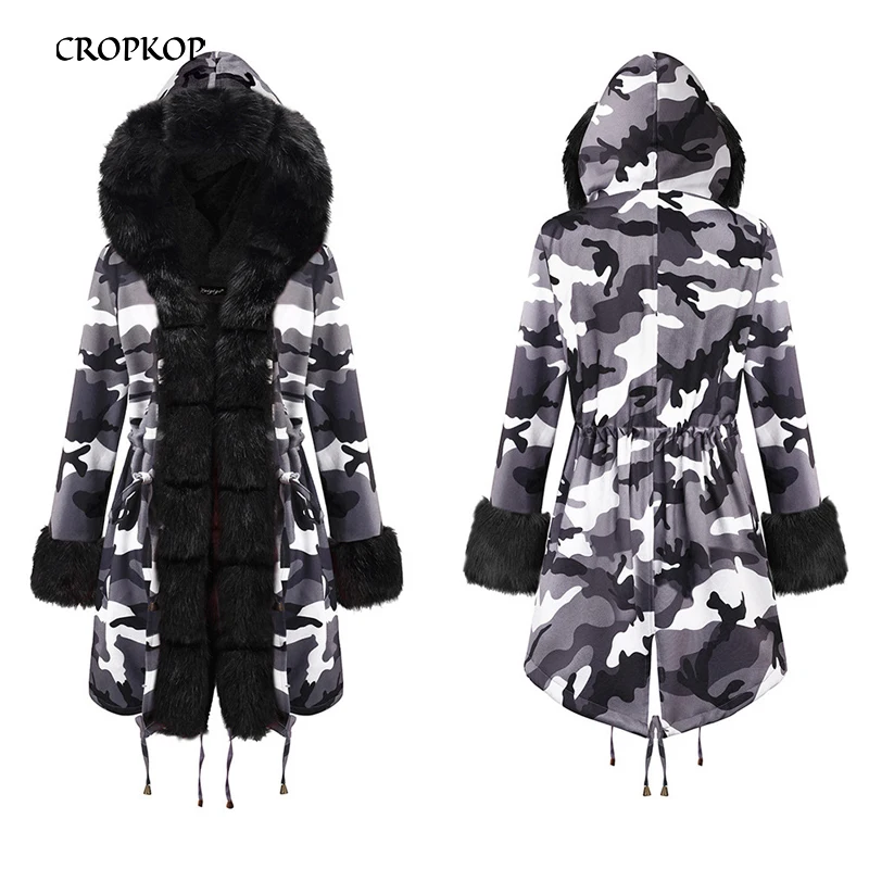 Женские парки 2020 классические черные с искусственным мехом камуфляжные зеленые