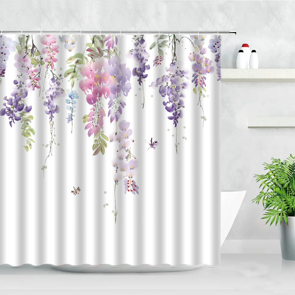 dream floral shower curtain set waterproof fabric hooks screen pink purple flower lavender creative bathroom decor bath curtains free global shipping