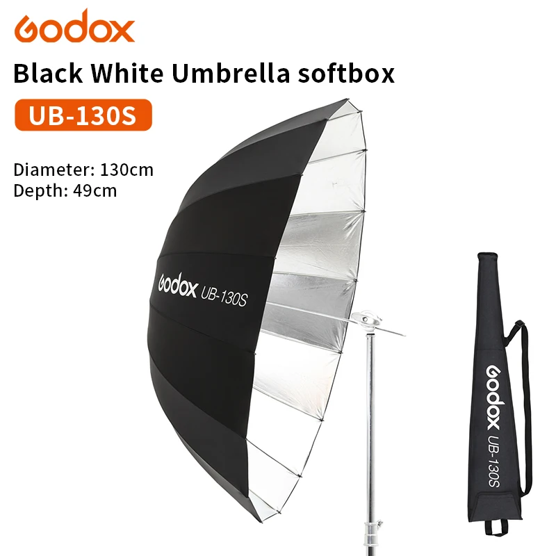 

Godox UB-130S 51 дюймов 165 см параболический черный светоотражающий Зонт студисветильник ный Зонт с черной серебряной крышкой рассеивателя