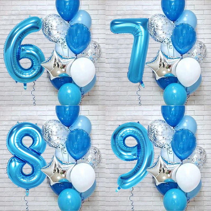 Globos de l&aacute;tex de aluminio con n&uacute;mero azul para ni&ntilde;os, decoraci&oacute;n para fiesta de cumplea&ntilde;os, primer a&ntilde;o, decoraci&oacute;n para Baby Shower, 12 unids/set por Set-1