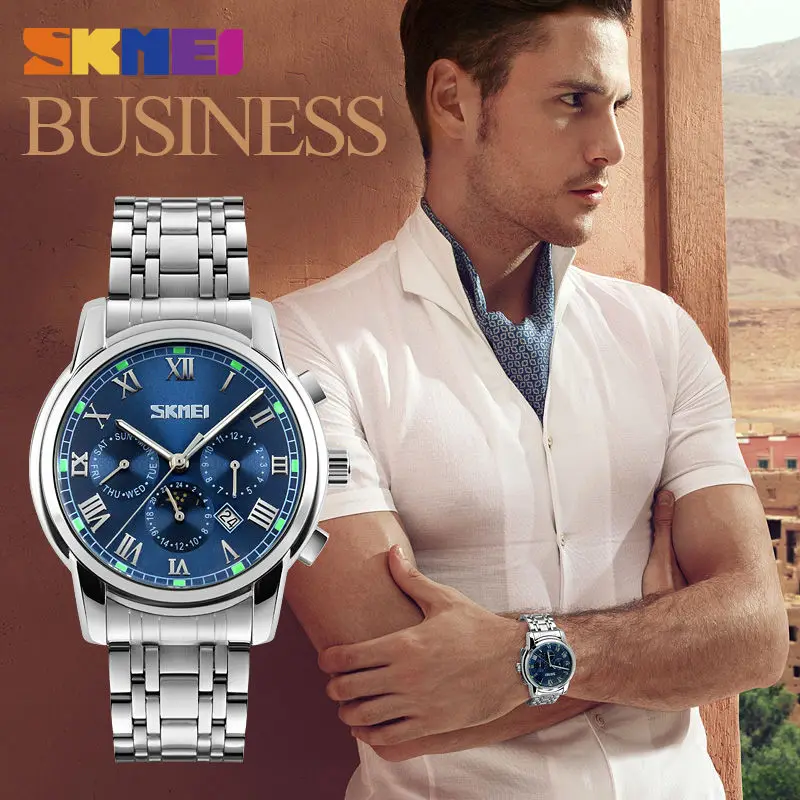 

SKMEI Quartz Wristwatches Men Metal Mesh Stainless Steel Waterproof Watch Moon Phase Complete Calendar Business Watches 9121