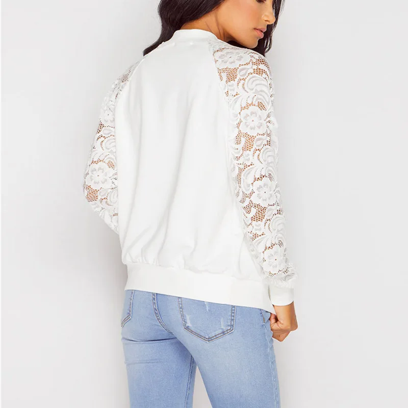 

Lace Sleeve Women Basic Coats Long Sleeve Lace Patchwork Transparent Zipper Casual Slim Jacket Coat Bomber Jacket Outwear