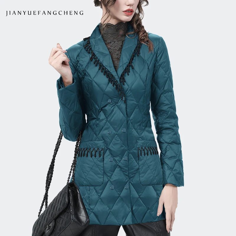 

Модный женский зимний пуховик с воротником, элегантный тонкий теплый пуховик средней длины на белом утином пуху, повседневные офисные пуховики