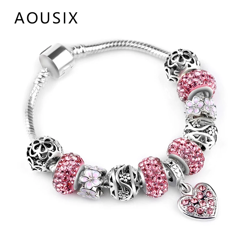 Европейский Любовь Сердце Браслеты с подвесками и браслеты розовый кристалл