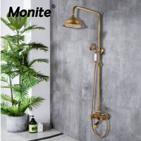 monite 8 inch antique brass flexible retro vintage wall mount bathroom shower head control valve hand sprayer outlet shower set