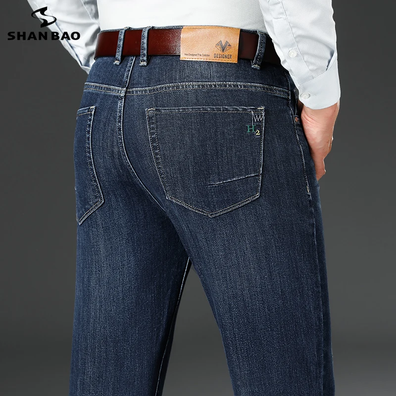 

Мужские прямые джинсы стрейч SHAN BAO, классические повседневные деловые джинсы с вышивкой, черного, темно-синего цвета, Осень-зима 2021