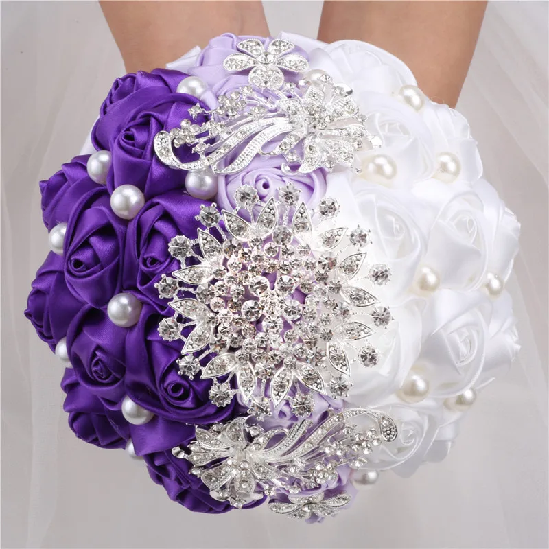 

15cm Small Bridal Silk Rose Bouquets Bridesmaids Holding Artificial Flowers Crystals Wedding Brooches Bouquet Marriage Prom W228