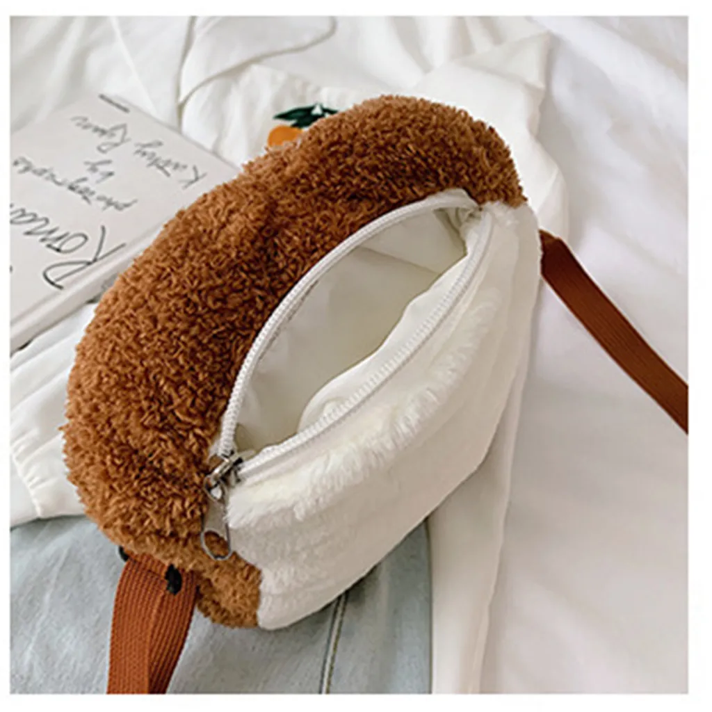 

OCARDIAN Messenger Bag Zipper New Crossbody Bag Toast Bread Diagonal Bag Plush Expression Corduroy Cute Handle Bags Shoulder Bag