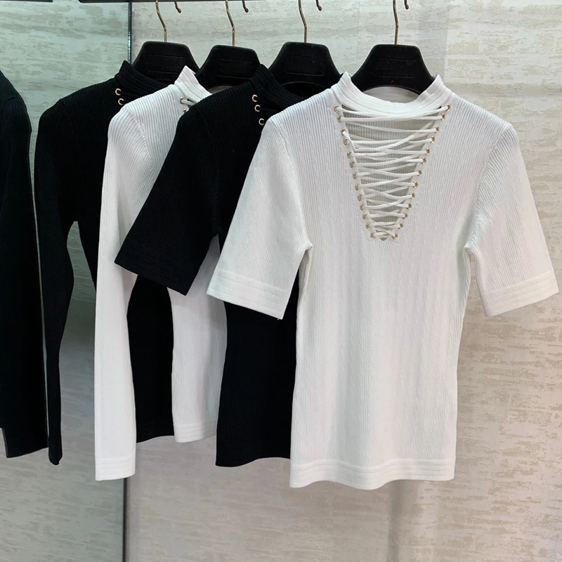 Новинка 12 10 Модный женский трикотажный свитер со шнуровкой и вырезами