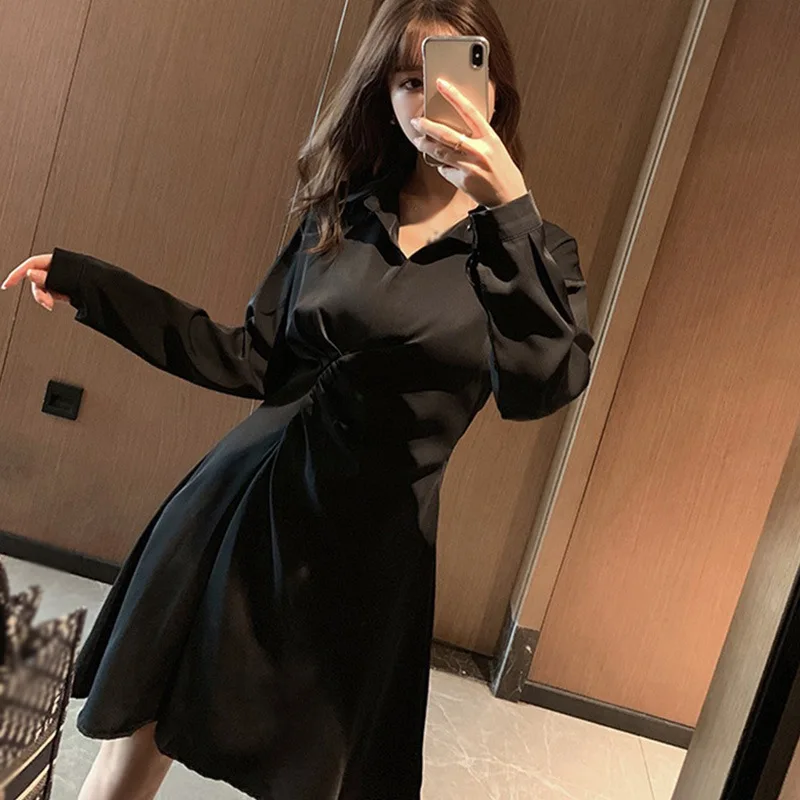 

Women's Dress Spring And Autumn Retro Temperament Waist Was Thinner Long-sleeved Shirt Dress