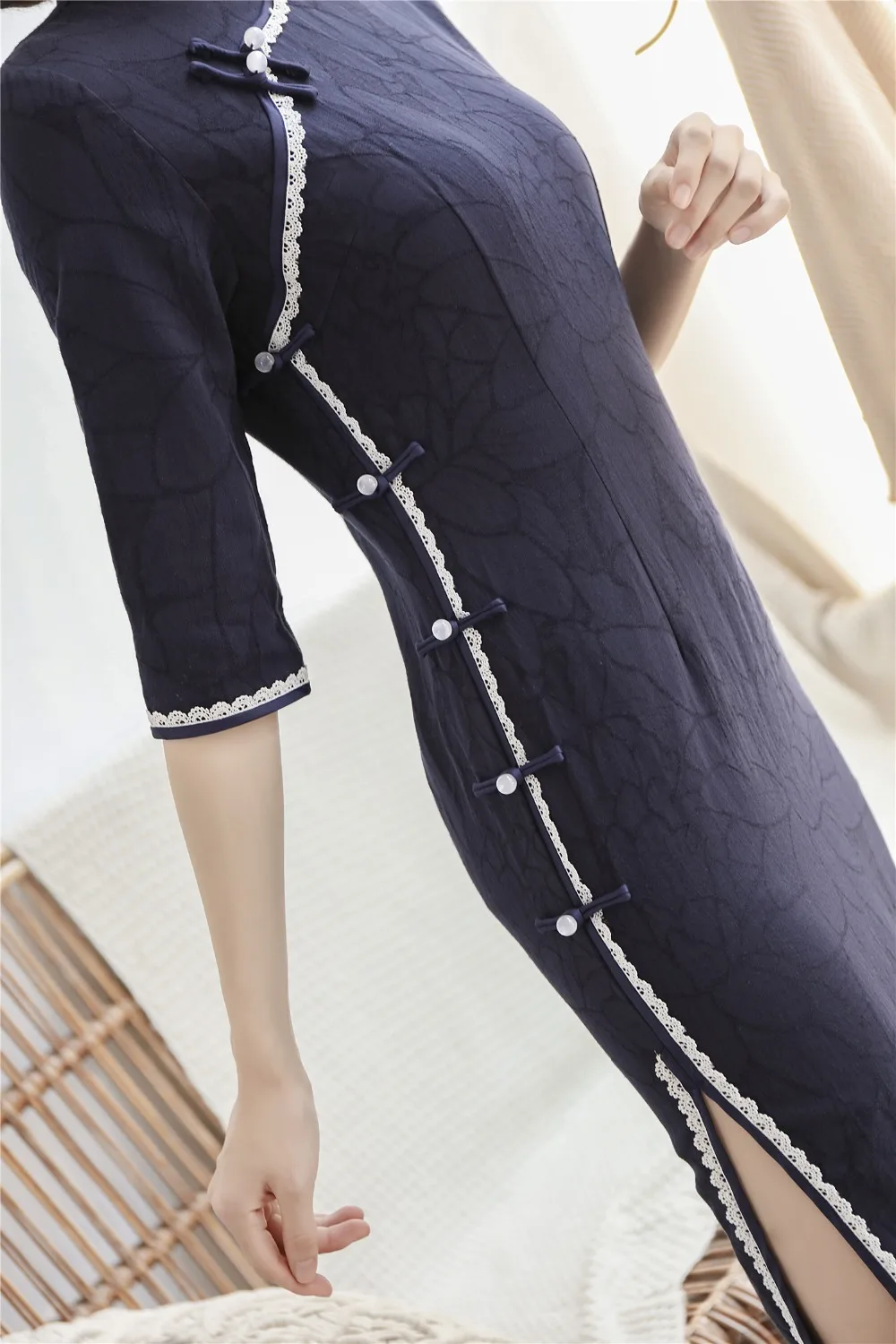 Шанхай история Половина рукава по колено cheongsam платье хлопок лен Винтаж Ципао китайское платье китайский стиль платье для женщин