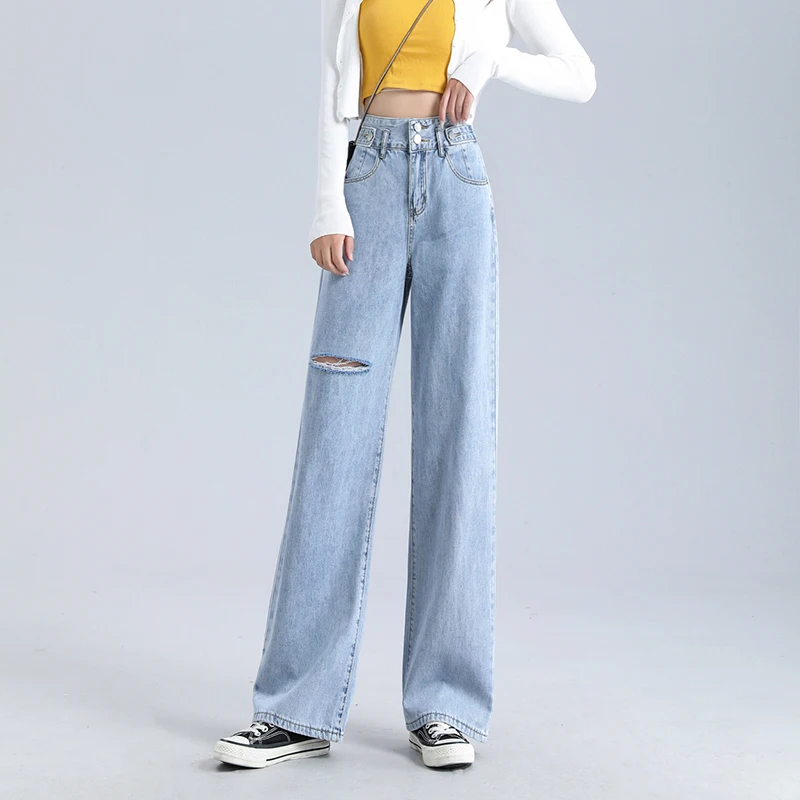 

Women's Wide Leg Jeans Pants High Waist Blue Loose Holes Denim Pants Female Full Length Long Trousers Jean Fall Streetwear