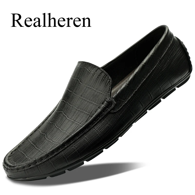 

Genuine Leather Moccasins Loafers Men Casual Shoes Slip on Black Soft Driving Shoes High Quality Spring New Fashion 2021