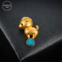 Aazuo 18K Yellow Gold Natural Blue Opal Sapphire Real Diamond Animal Sheep Pendent With Chain Gifted for Women Valentine's Day