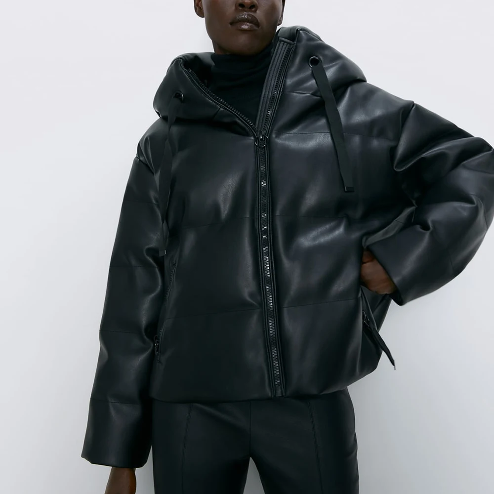 Женская куртка из искусственной кожи ZA черная с длинными рукавами и капюшоном