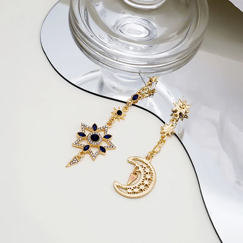 

OE 925 Sterling Silver Needle Zircon Asymmetric Retro Star Moon Long Earrings Women Personalized Earrings