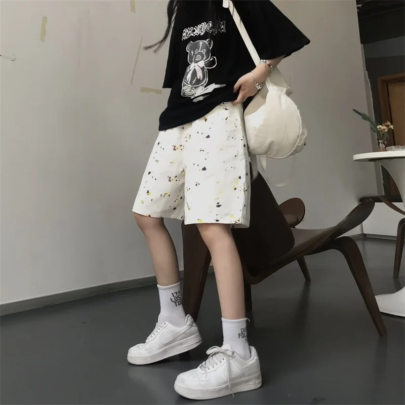 

Harajpoo Women Shorts White Denim Summer Korean Style Ins Color Graffiti High Waist Loose Thin Couple Straight Five-point Pants