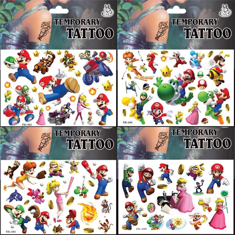 

1Pcs Super Mario Bros Tattoo Stickers Luigi Yoshi Peach Bowse Waterproof Cartoon Decals Girl Boy Birthday Gift Kids Toys