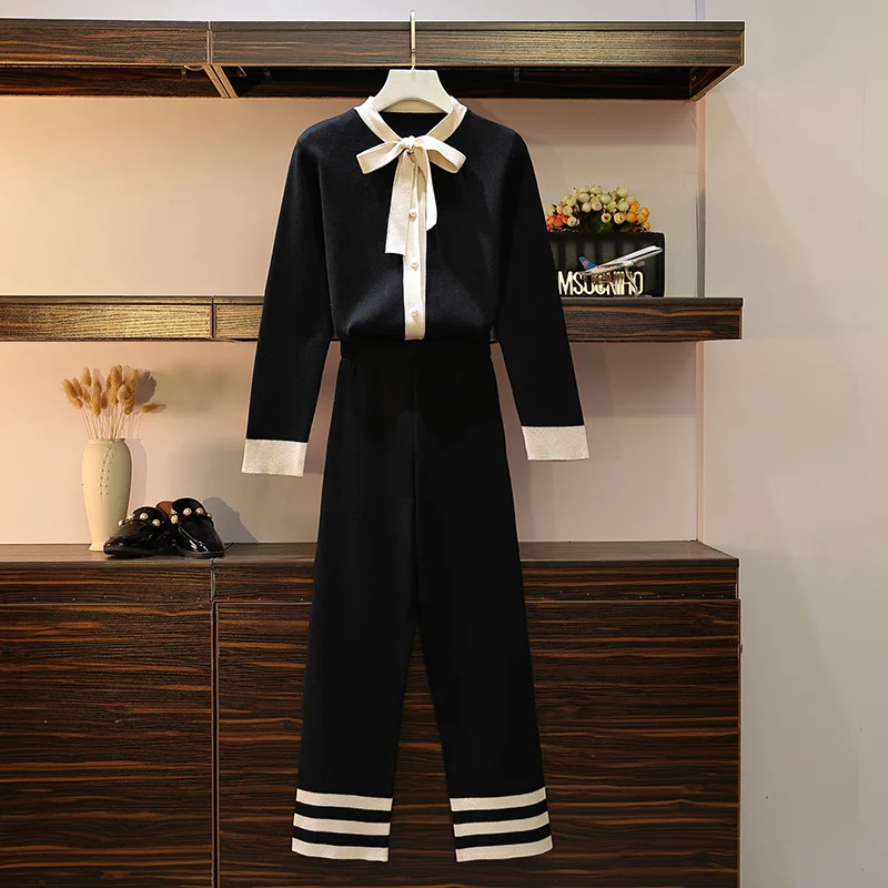 Женский костюм в полоску трикотажный кардиган брюки спортивный галстук-бабочка