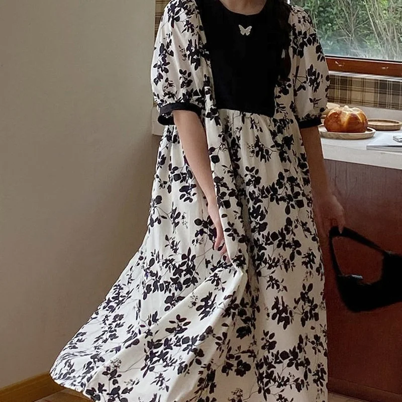 

Oversize Dress Woman Kawaii Floral Sleepwear Summer 2021 Nightdress Embroidery Butterflies Home Clothes Puff Sleeve Nightwear