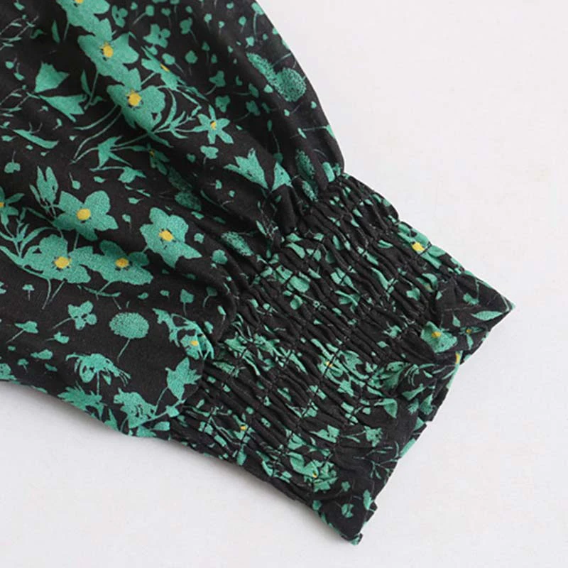 Зимнее Зеленое Длинное платье с цветочным принтом женское круглым вырезом и