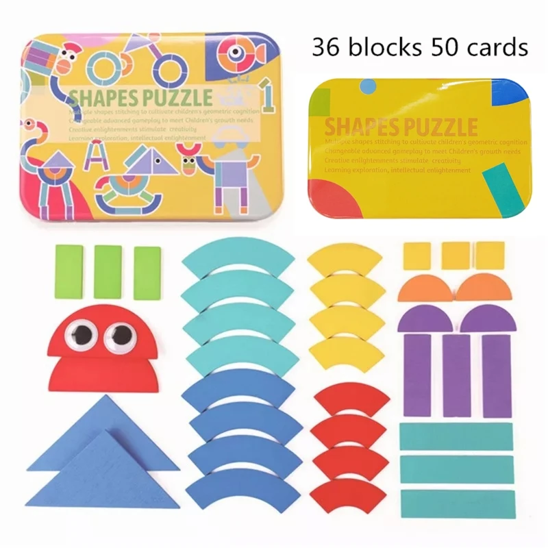 

W3JF Wooden Pattern Blocks - Tangram Shape Puzzle Set Color Sorting Stacking Game Wood Animal Jigsaw Preschool Montessori Brain
