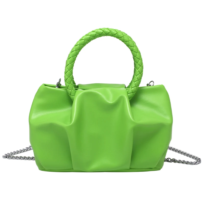 

Solid Color Pleated Small Totes With Woven Handle 2021 Summer PU Leather Women's Designer Handbag Chain Shoulder Messenger Bag